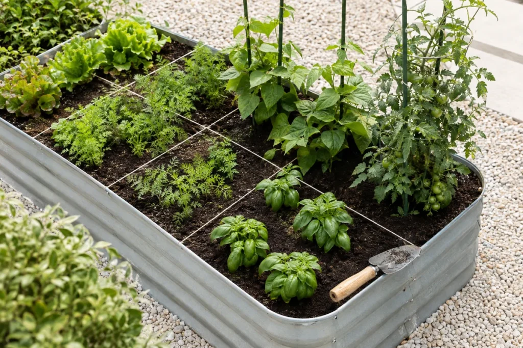 Overhead view of a raised bed planted in a square grid