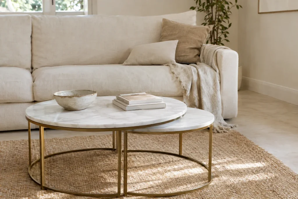 Round white marble nesting coffee tables in a small living room