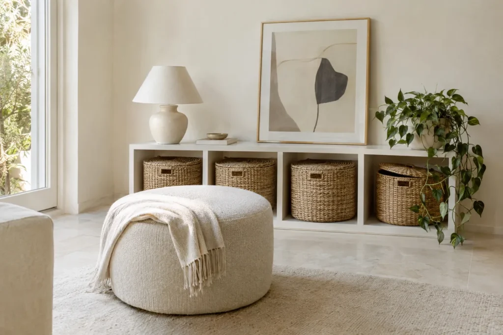 Low white console with woven storage baskets in a small living room