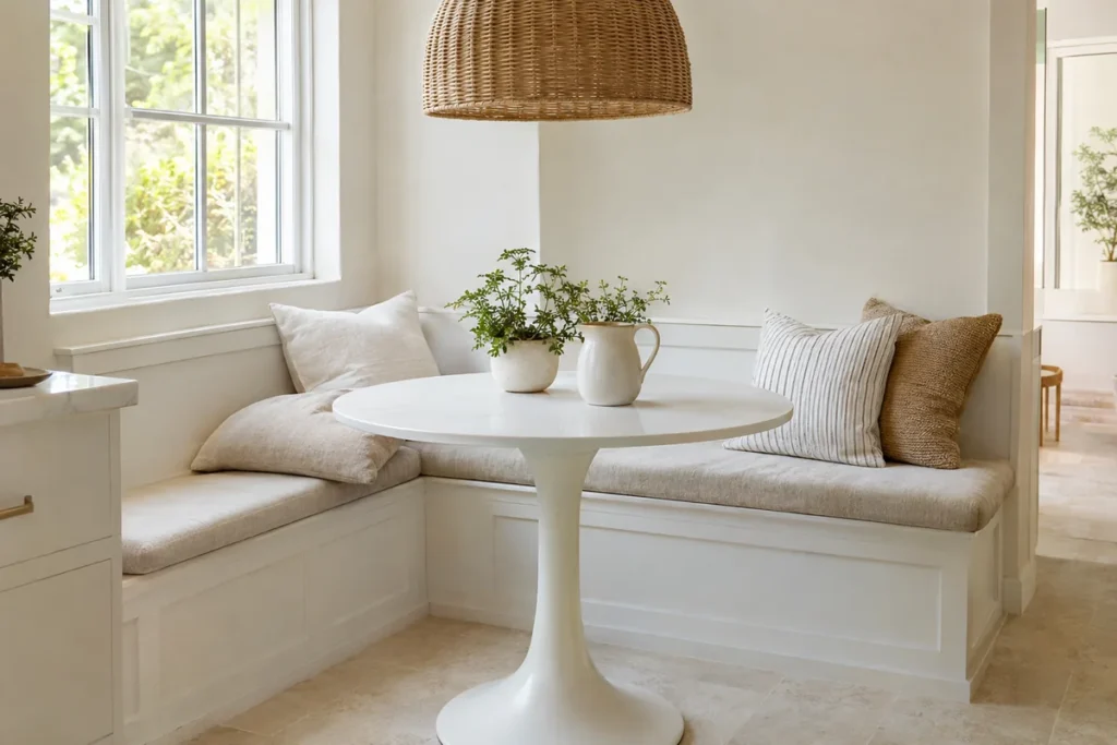 White corner banquette with linen cushions and a round table
