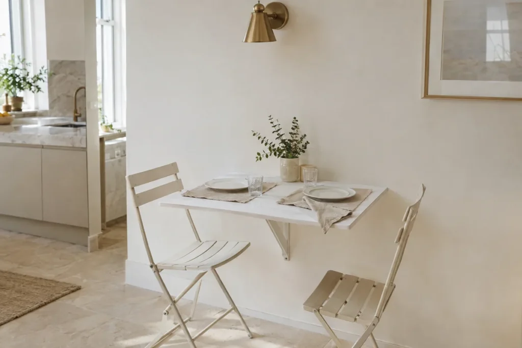 White wall-mounted fold-down table set for two in a small kitchen