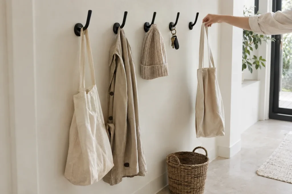 Matte black wall hooks holding bags and a jacket in a small entryway