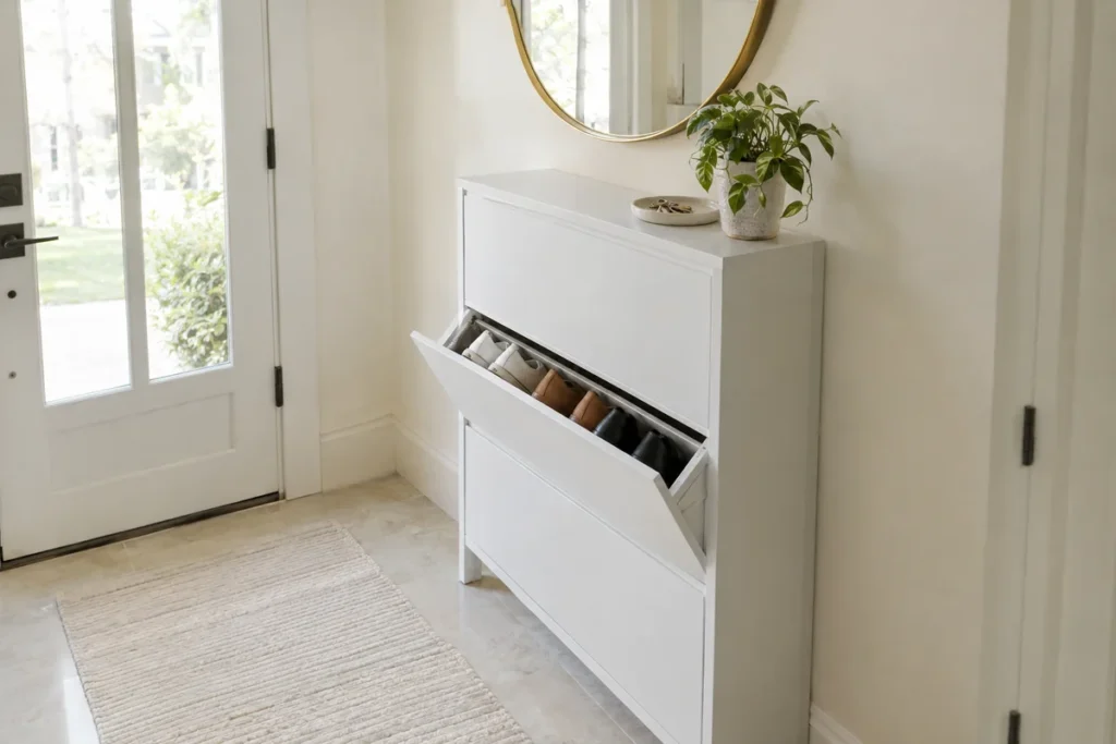 Slim white tilt-out shoe cabinet with a tray and plant in an entryway