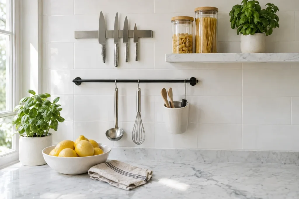 Kitchen wall with black rail, magnetic knife strip and small shelf