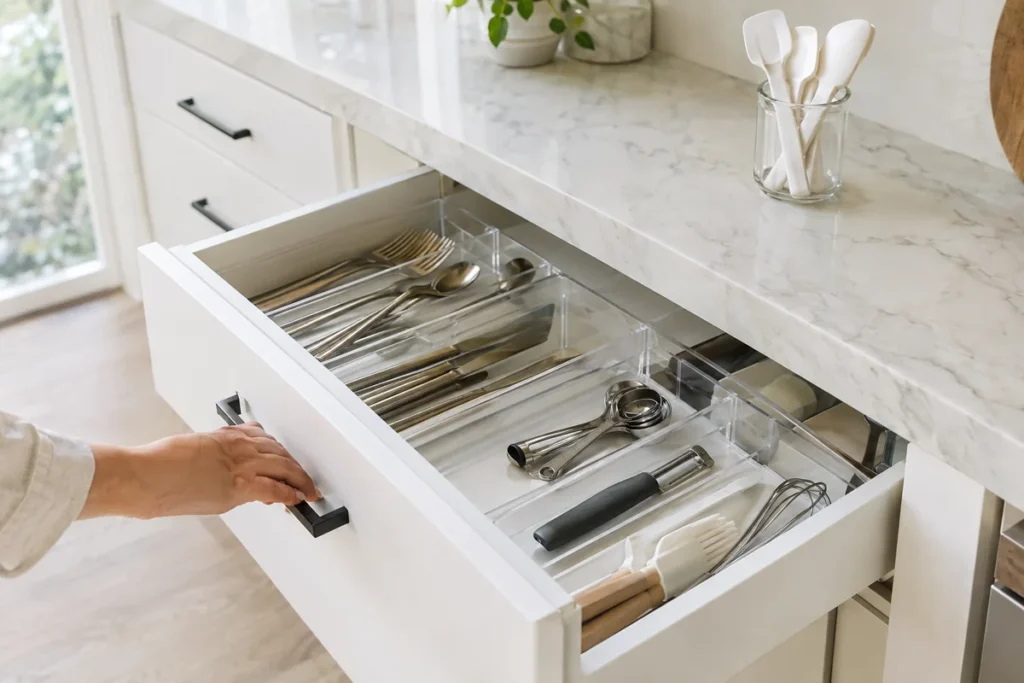 Open kitchen drawer neatly organized with clear dividers and cutlery