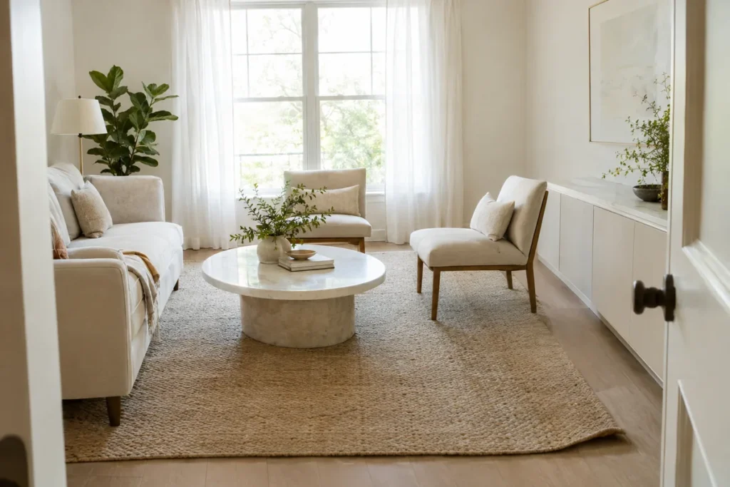 Small living room with a large rug under the front legs of all seating