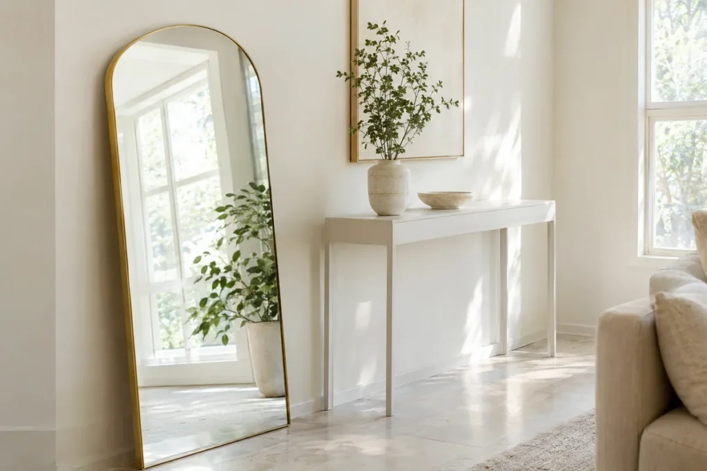 Tall arched brass mirror reflecting window light in a small living room