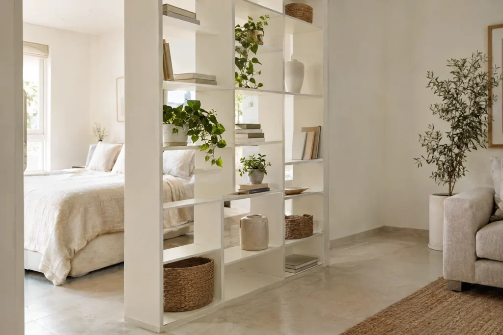 Open white shelving divider separating the bed and living area in a studio