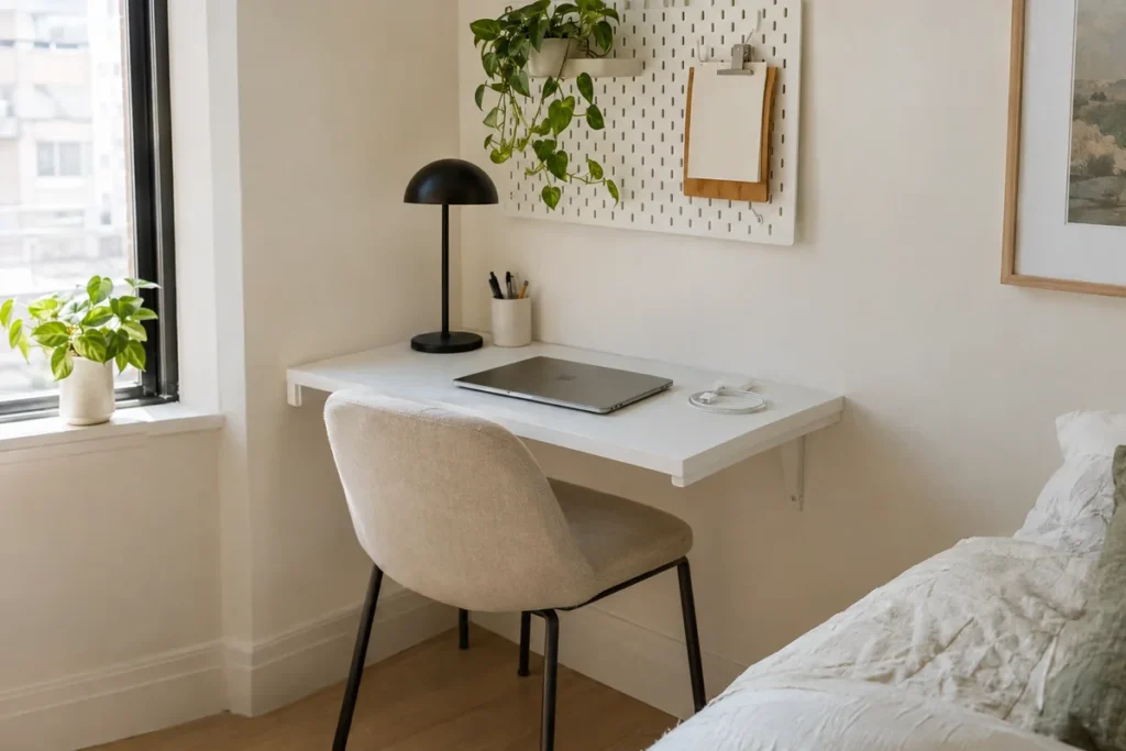 Compact white wall-mounted desk tucked into a studio apartment corner