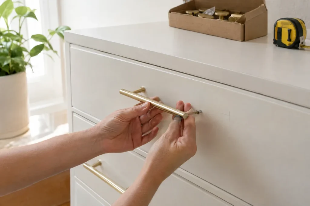 Hands installing a brushed brass pull on a freshly painted white dresser