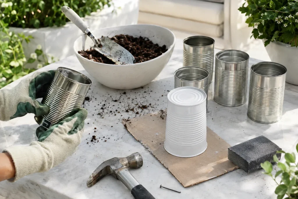 Gloved hands preparing empty tin cans with primer and drainage holes outdoors