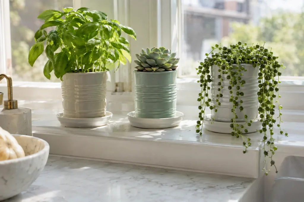 Painted tin can planters with basil, succulent and trailing plant on windowsill