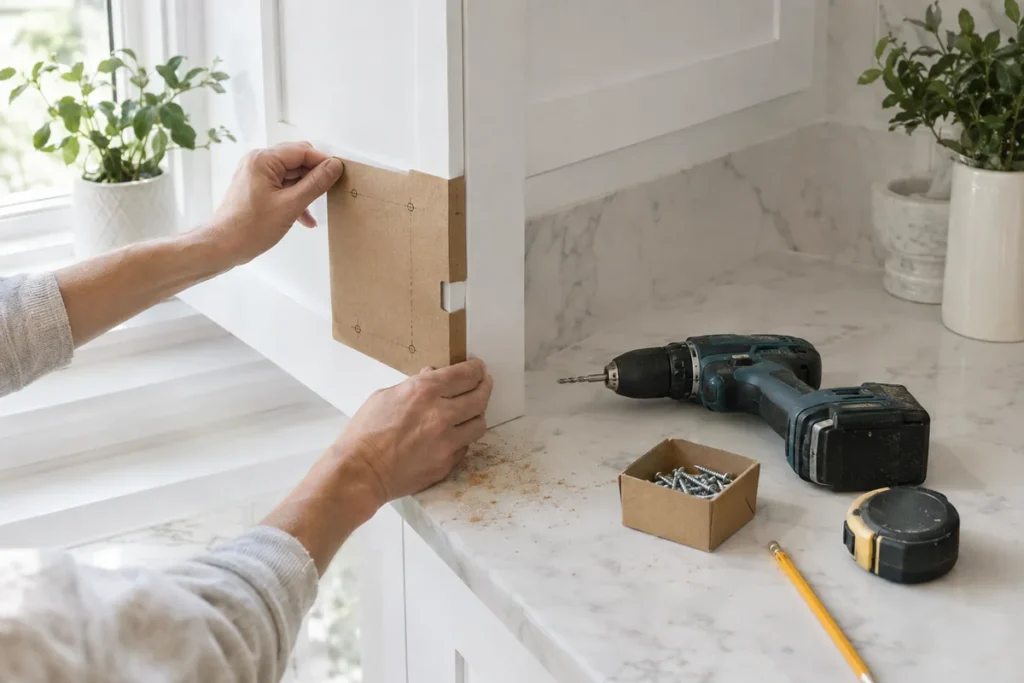 Hands using a cardboard template to mark holes for new cabinet pulls