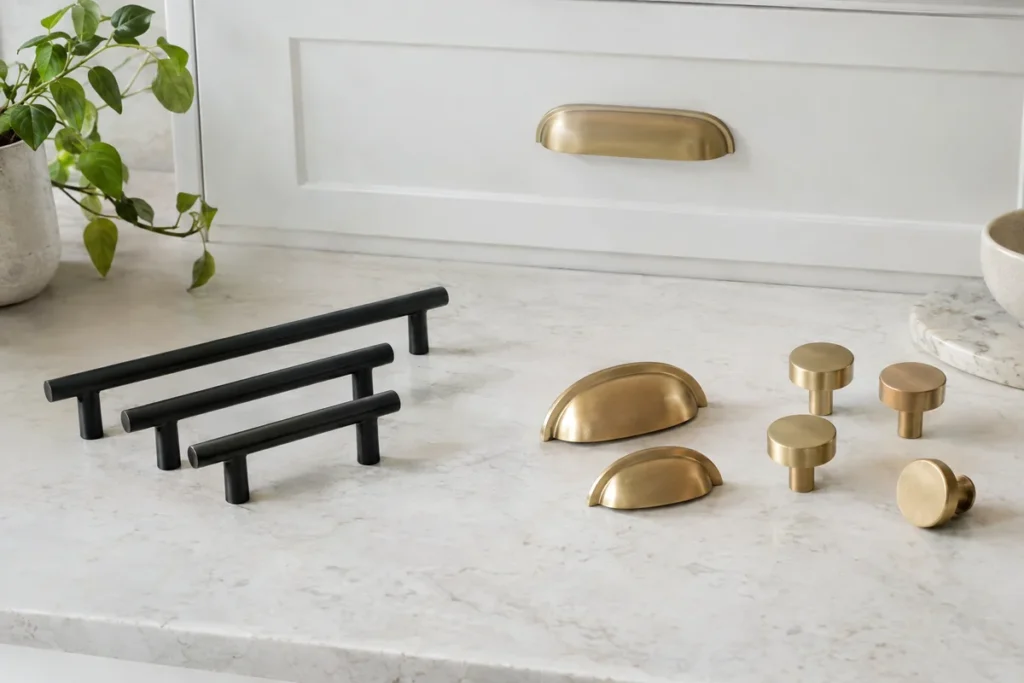 Cabinet knobs and pulls in black and brass laid out to compare sizes