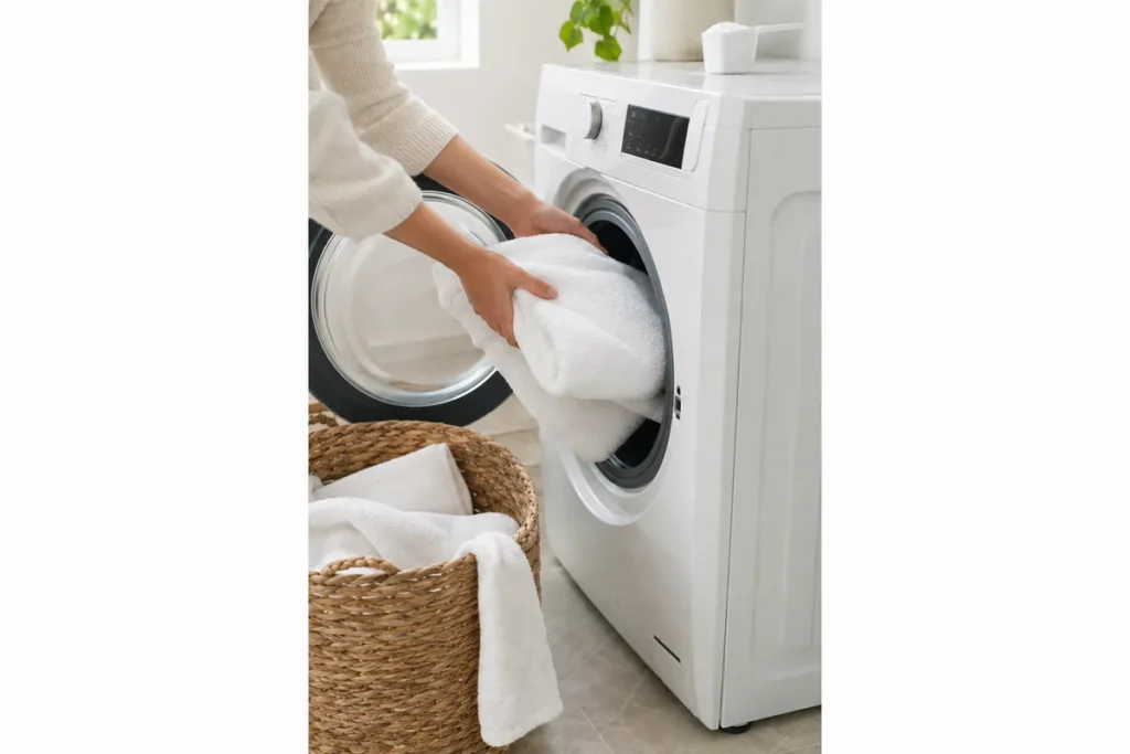 Hands loading white bath towels into a front loading washer