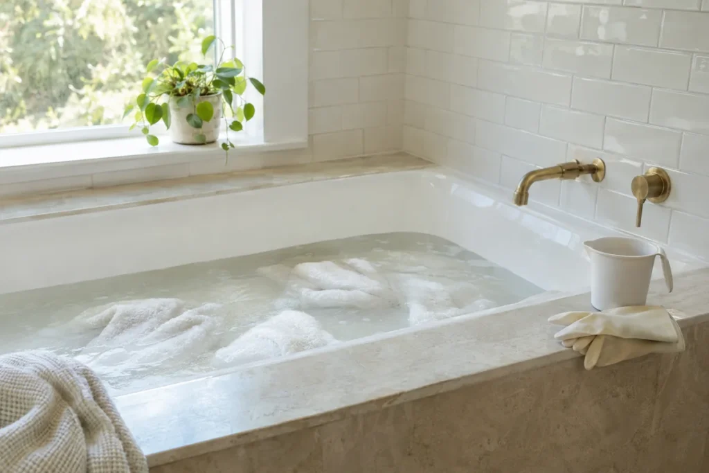 White towels soaking in a bathtub of warm cloudy water to strip residue