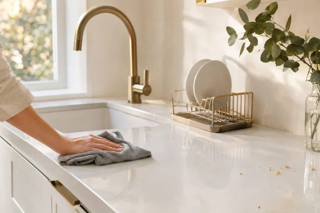 Hands wiping a white kitchen counter during a quick evening reset