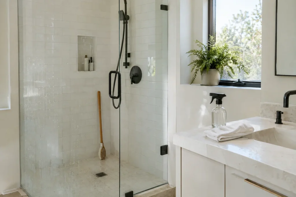Bright white bathroom with a scrub brush and spray bottle ready for cleaning