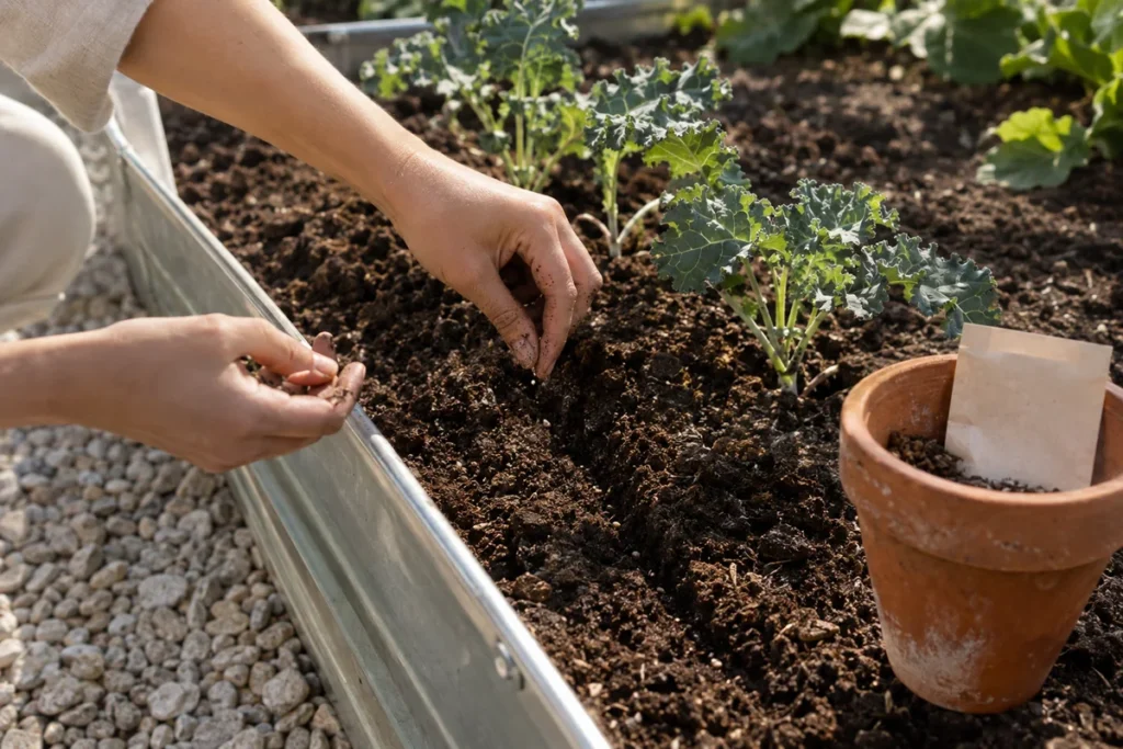 Hands sowing seeds into a raised bed for a fall garden