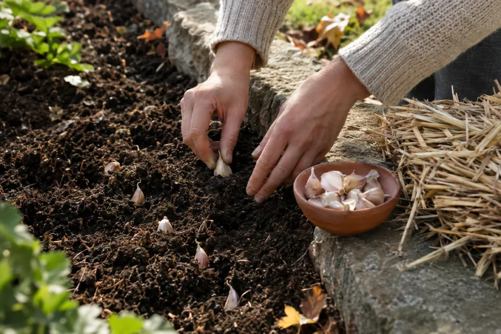 Hands planting garlic cloves pointed end up in a garden bed