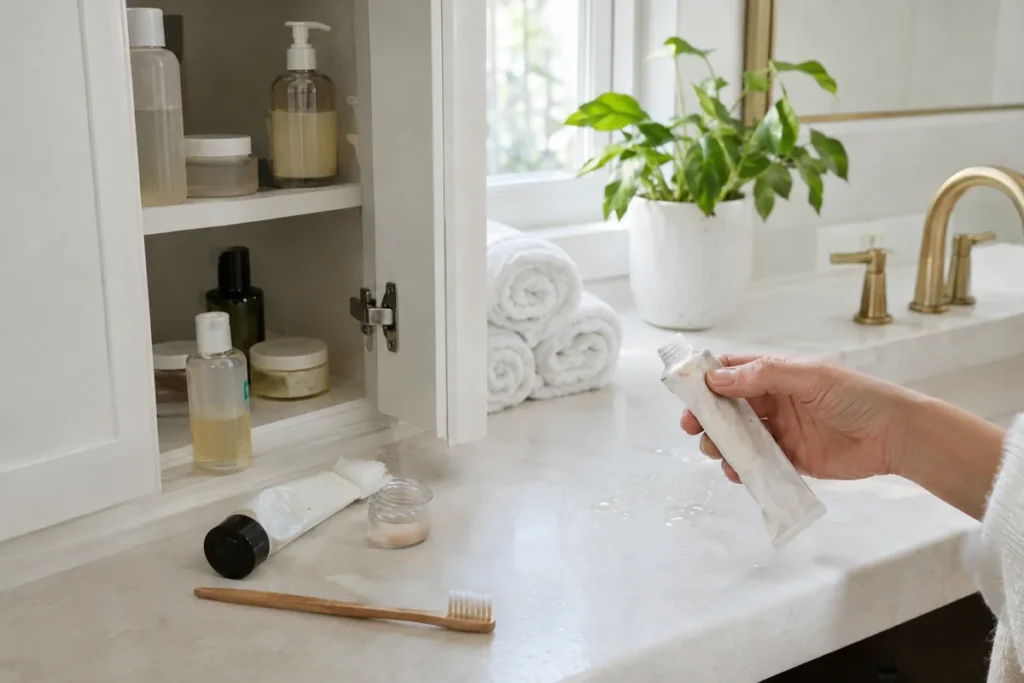 Hand sorting old toiletries from an open bathroom cabinet onto stone counter