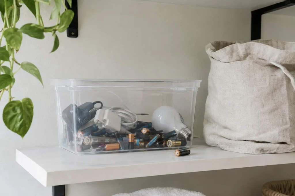 Clear bin of old batteries, chargers and bulbs set aside for safe disposal