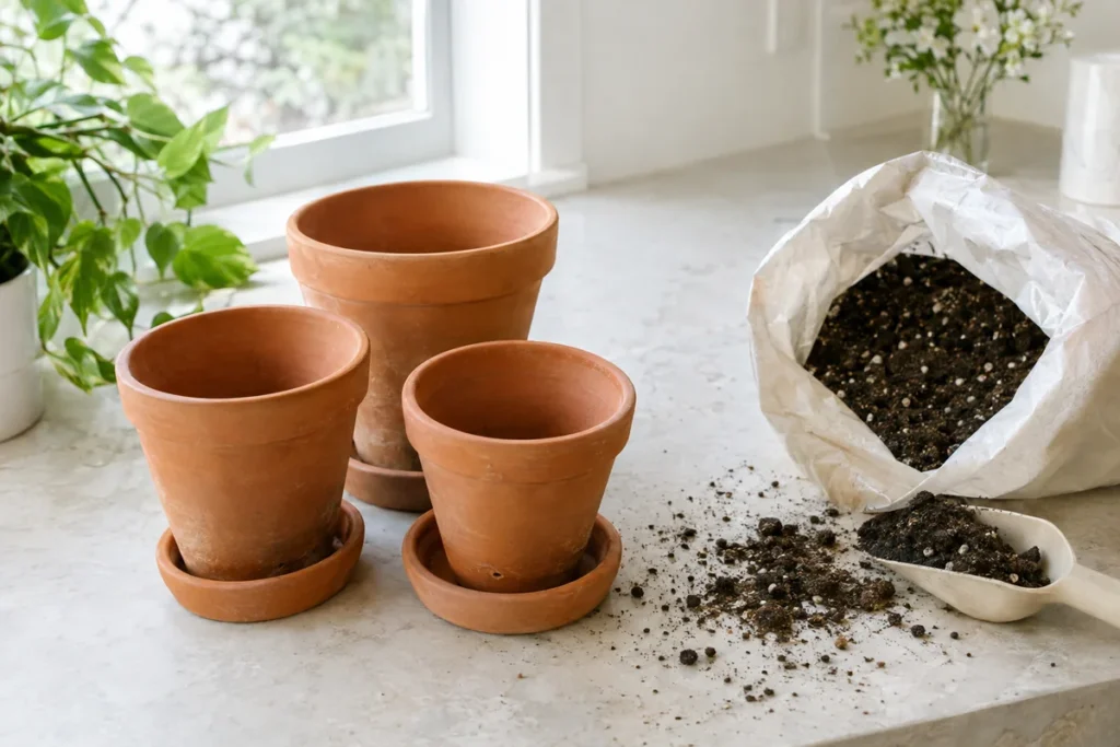 Terracotta pots and potting mix ready for an indoor herb garden