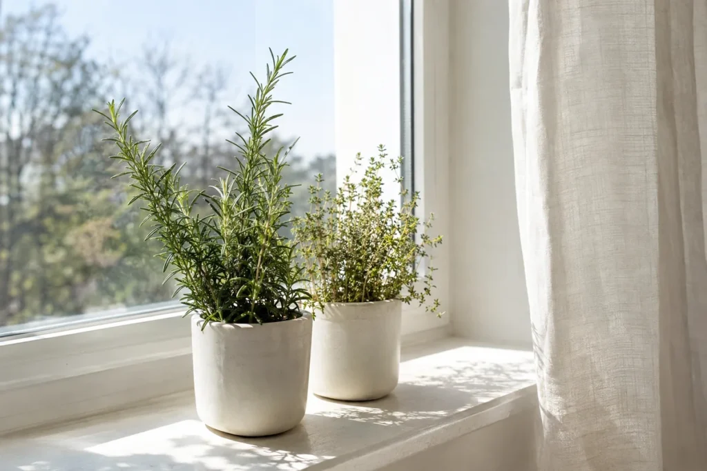Rosemary and thyme pots soaking up sun on a bright windowsill