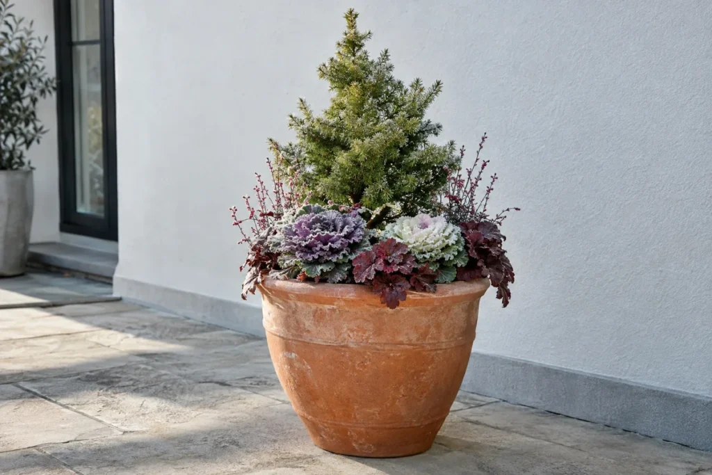 Winter container planted with dwarf conifer, ornamental kale and heuchera