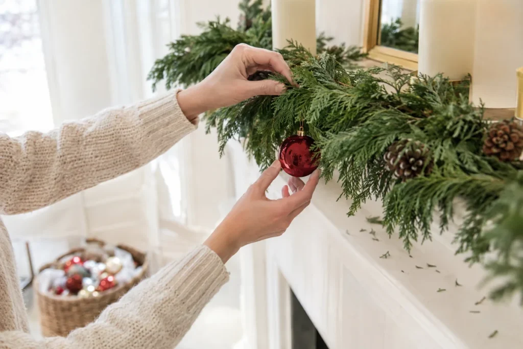 Hands removing ornaments from a cedar garland on a winter mantel