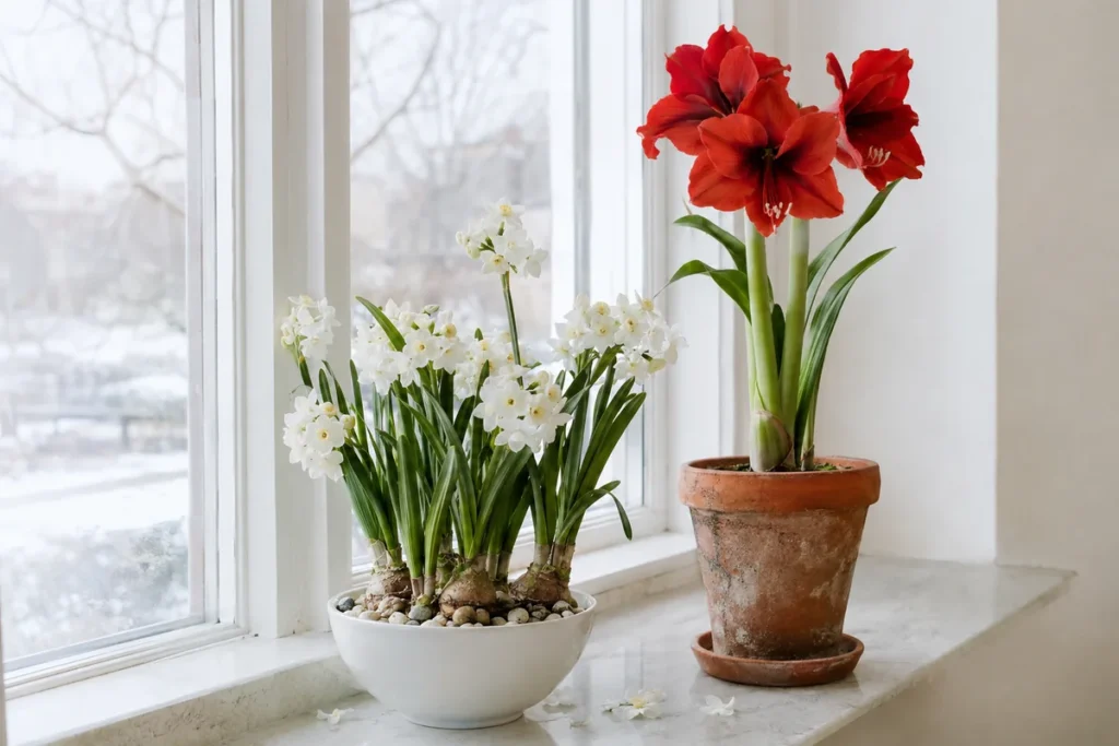 Paperwhites and amaryllis blooming on a bright winter windowsill
